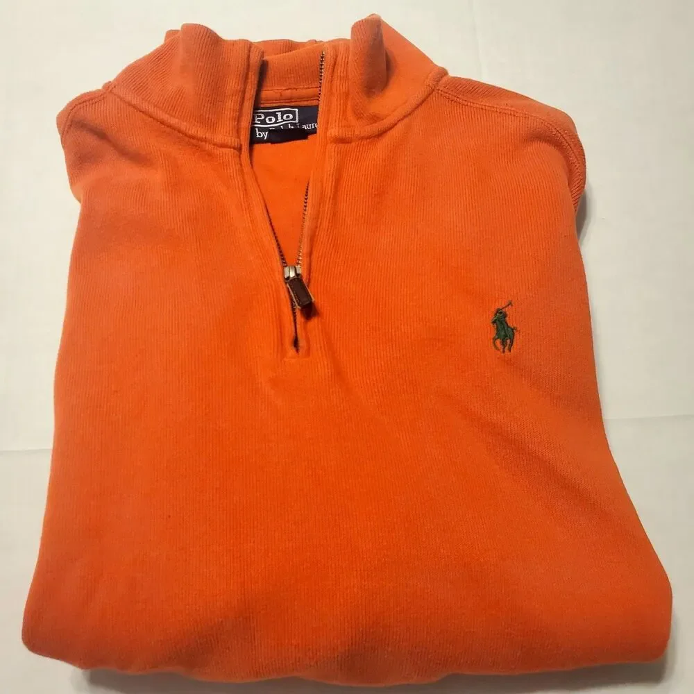 Polo Ralph Lauren Men's Quarter Zip Sweater Size XL Bright Orange, Green Horse